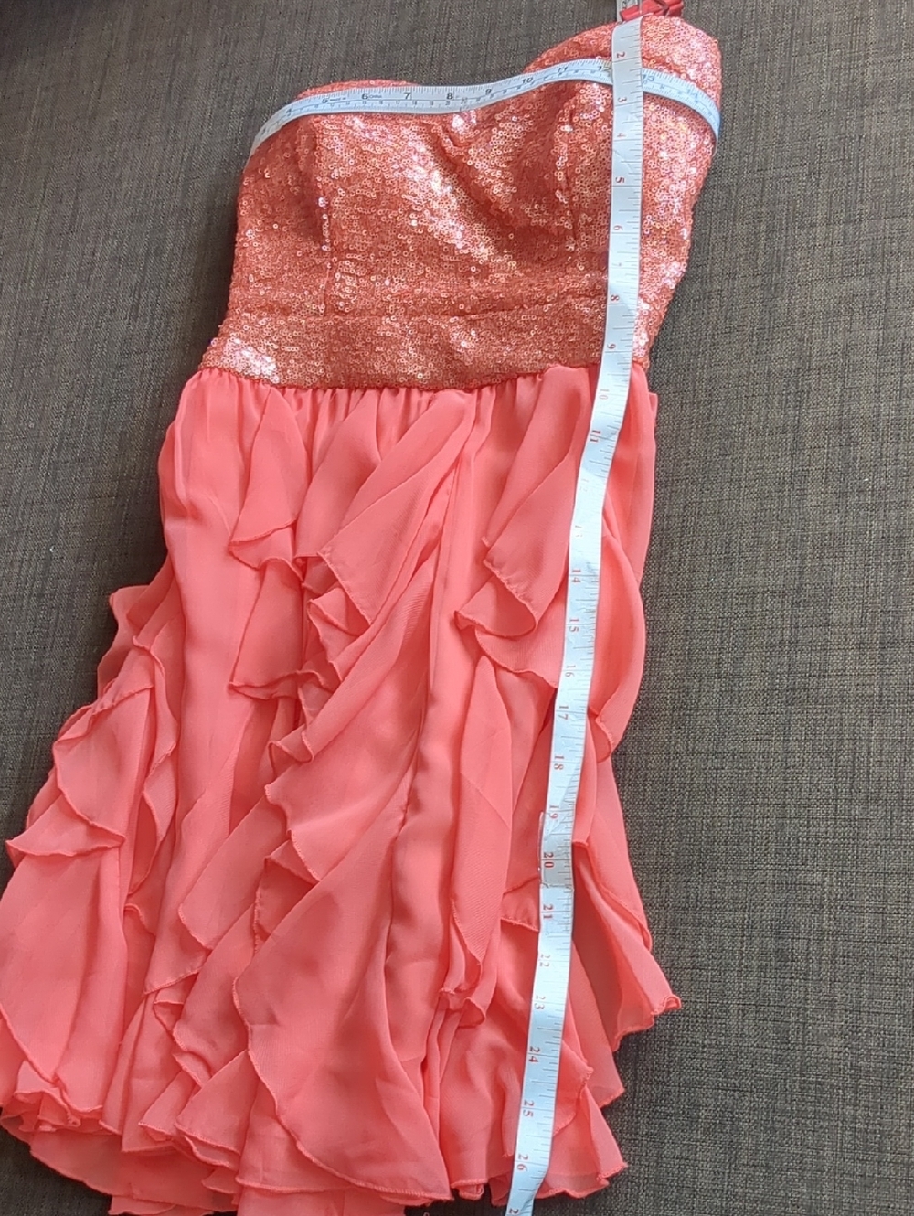 Windsor Coral Pink Strapless Sequin Bodice-Shifon Ruffle-Tiers Skirt/Mini Dress - Picture 7 of 13